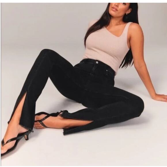 Abercrombie & Fitch Plus The Skinny High Rise Split Hem Black Jeans Size 20 Long - Picture 2 of 11